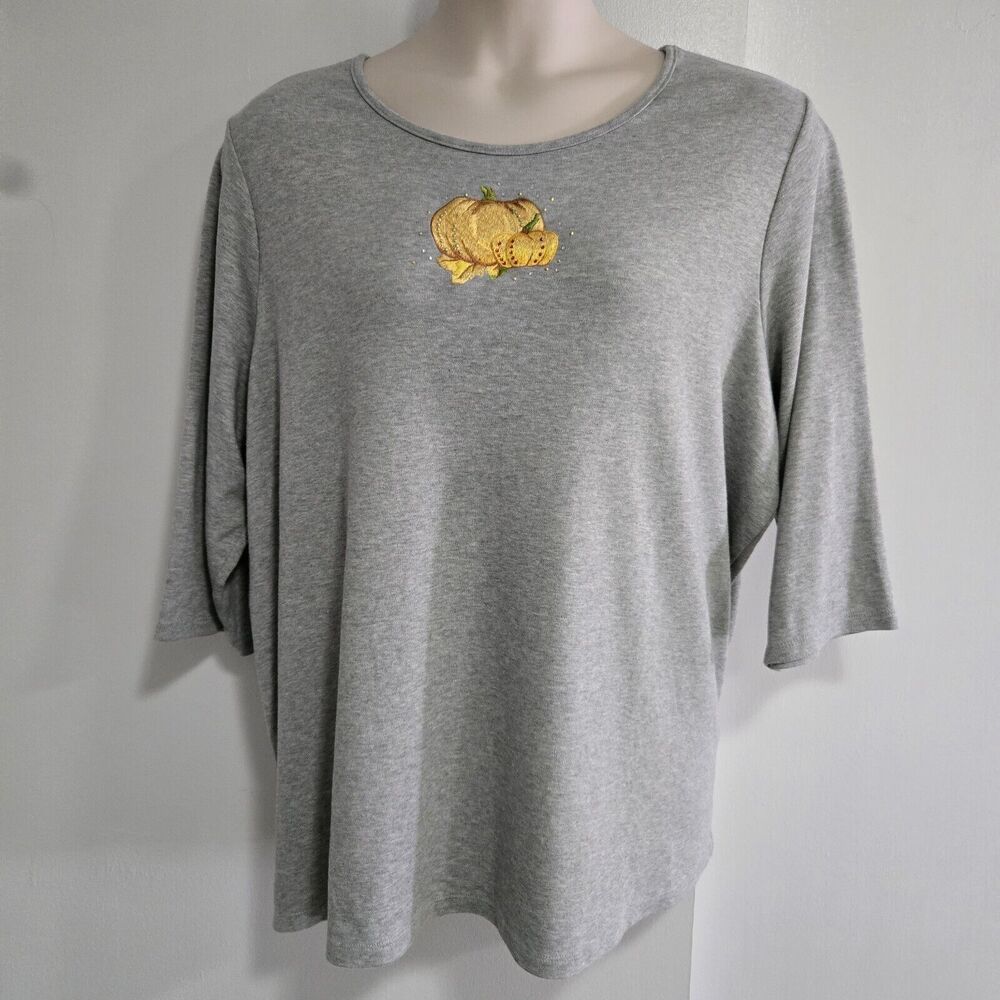 QUACKER FACTORY 3/4 SLEEVE KNIT TOP GRAY‎ HALLOWEEN PUMPKIN 3X A281805